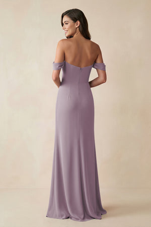Dusk Off-the-Shoulder Sheath Bridesmaid Dress with Slit (2) | KISSBRIDAL