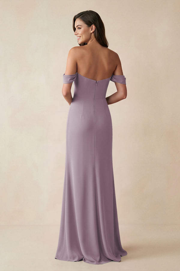 Dusk Off-the-Shoulder Sheath Bridesmaid Dress with Slit (2) | KISSBRIDAL