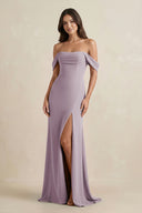Dusk Off-the-Shoulder Sheath Bridesmaid Dress with Slit | KISSBRIDAL