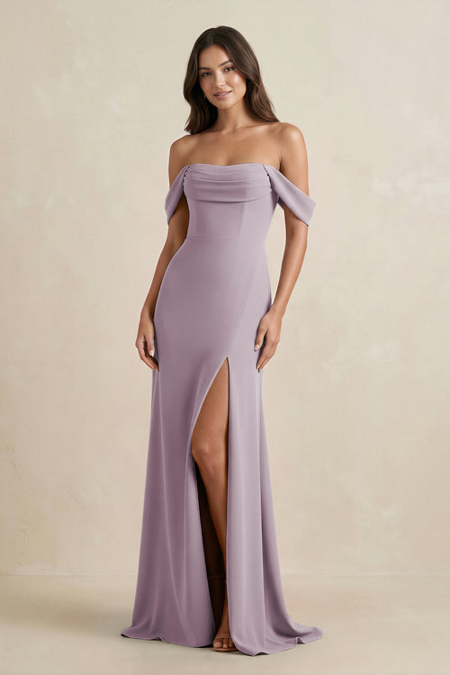 Dusk Off-the-Shoulder Sheath Bridesmaid Dress with Slit | KISSBRIDAL