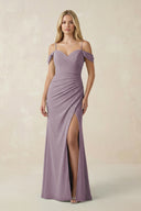 Dusk Off-the-Shoulder Sheath Chiffon Ruched Bridesmaid Dress | KISSBRIDAL