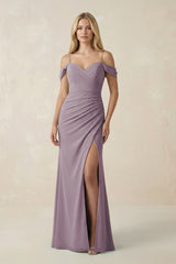 Dusk Off-the-Shoulder Sheath Chiffon Ruched Bridesmaid Dress | KISSBRIDAL