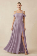 Dusk Off-the-Shoulder Sweetheart A-Line Chiffon Bridesmaid Dress | KISSBRIDAL