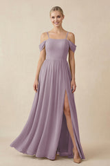 Dusk Off-the-Shoulder Sweetheart A-Line Chiffon Bridesmaid Dress | KISSBRIDAL
