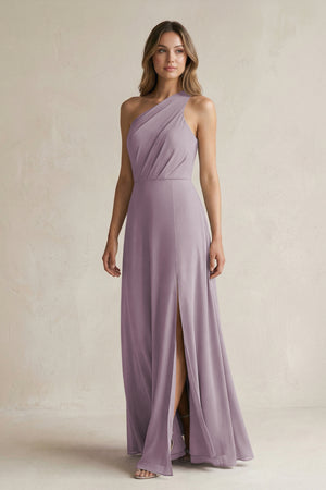 Dusk One-Shoulder Chiffon A-Line Bridesmaid Dress With Slit | KISSBRIDAL