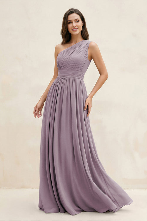 Dusk One-Shoulder Pleated A-Line Chiffon Bridesmaid Dress | KISSBRIDAL