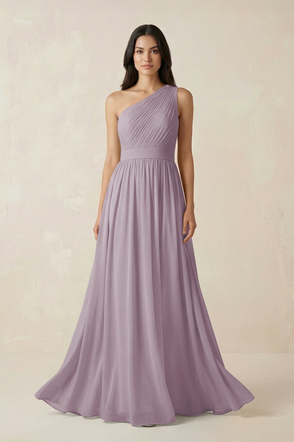 One-Shoulder Pleated Chiffon Bridesmaid Gown in Dusk