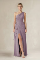Dusk One-Shoulder Sheath Ruched Ruffled Bridesmaid Dress in Dusk | KISSBRIDAL
