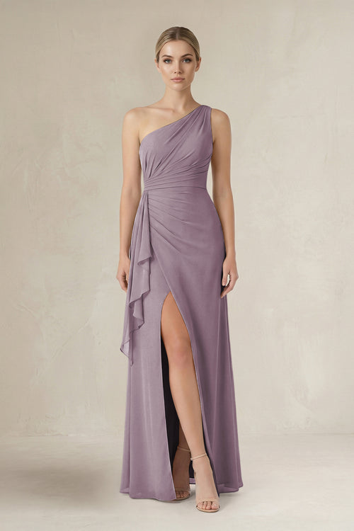 Dusk One-Shoulder Sheath Ruched Ruffled Bridesmaid Dress in Dusk | KISSBRIDAL