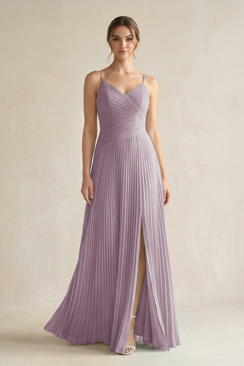 Dusk Pleated A-Line Long Chiffon Bridesmaid Dress | KISSBRIDAL
