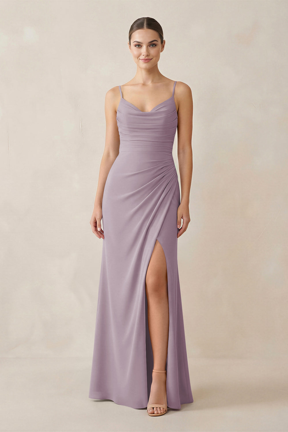 Ruched Sheath Spaghetti Strap Chiffon Bridesmaid Dress in Dusk