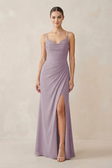 Dusk Ruched Sheath Spaghetti Strap Chiffon Bridesmaid Dress | KISSBRIDAL