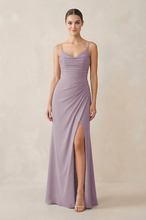Dusk Ruched Sheath Spaghetti Strap Chiffon Bridesmaid Dress | KISSBRIDAL