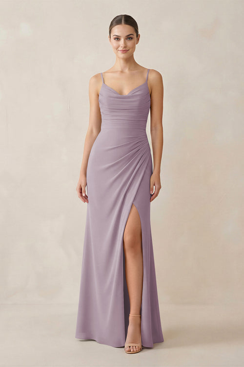 Dusk Ruched Sheath Spaghetti Strap Chiffon Bridesmaid Dress | KISSBRIDAL