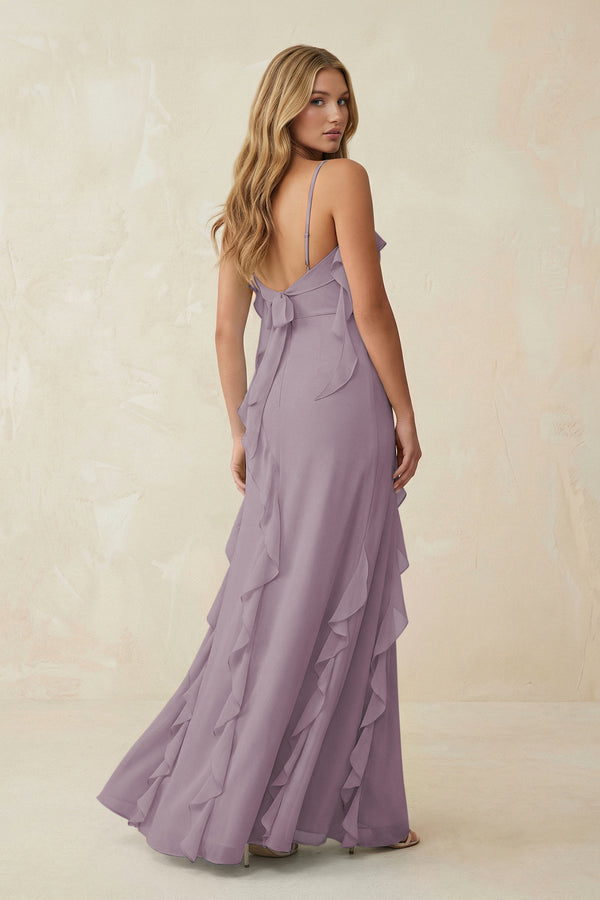 Dusk Ruffled Cami Strap Chiffon Sheath Bridesmaid Dress (2) | KISSBRIDAL
