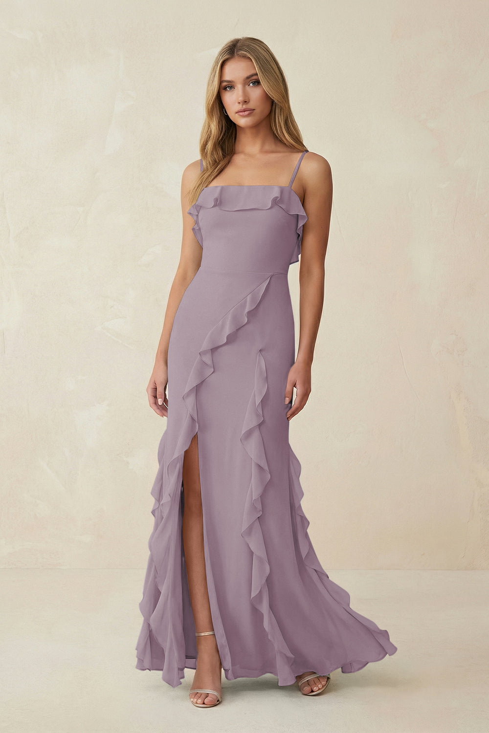 Ruffled Cami Strap Chiffon Sheath Bridesmaid Dress in Dusk