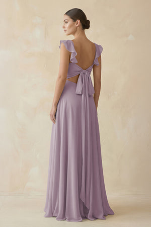 Dusk Ruffled Chiffon A-Line Long Bridesmaid Dress (2) | KISSBRIDAL