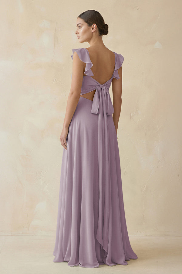 Dusk Ruffled Chiffon A-Line Long Bridesmaid Dress (2) | KISSBRIDAL