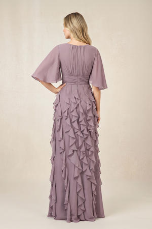 Dusk Ruffled Chiffon Half Sleeves A-Line Mother of the Bride Dress (2) | KISSBRIDAL
