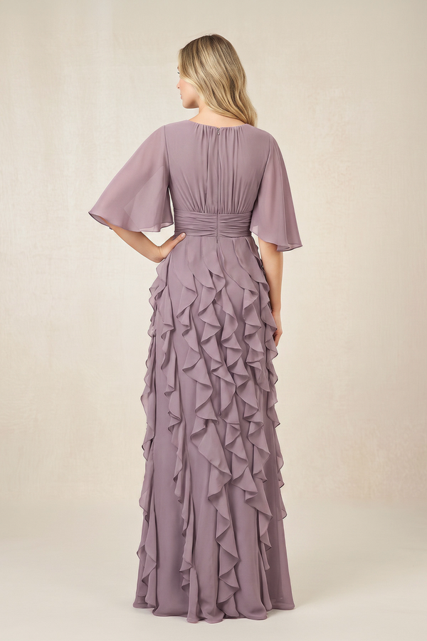 Dusk Ruffled Chiffon Half Sleeves A-Line Mother of the Bride Dress (2) | KISSBRIDAL