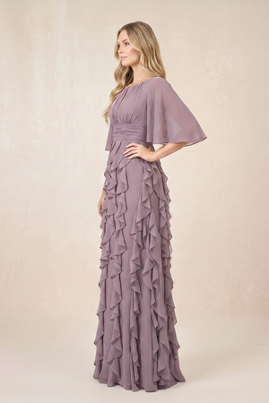 Dusk Ruffled Chiffon Half Sleeves A-Line Mother of the Bride Dress (3) | KISSBRIDAL