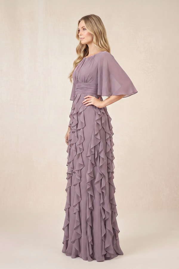 Dusk Ruffled Chiffon Half Sleeves A-Line Mother of the Bride Dress (3) | KISSBRIDAL