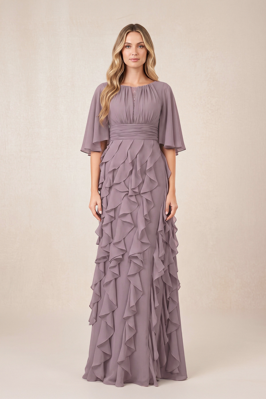 Dusk Ruffled Chiffon Half Sleeves A-Line Mother of the Bride Dress