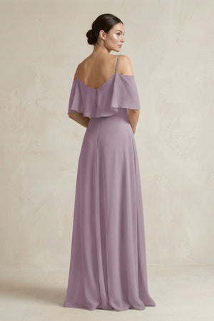Dusk Ruffled Off-the-Shoulder A-Line Chiffon Bridesmaid Gown (2) | KISSBRIDAL