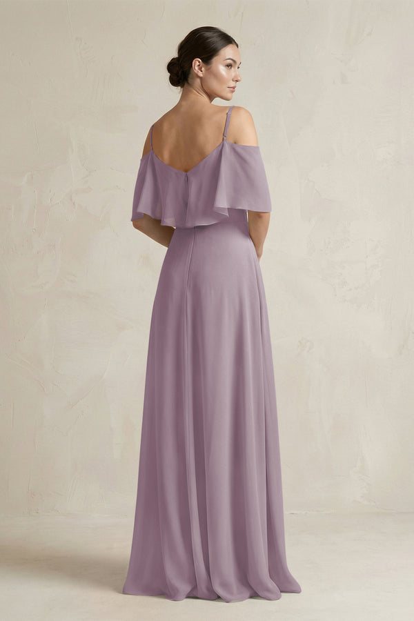 Dusk Ruffled Off-the-Shoulder A-Line Chiffon Bridesmaid Gown (2) | KISSBRIDAL