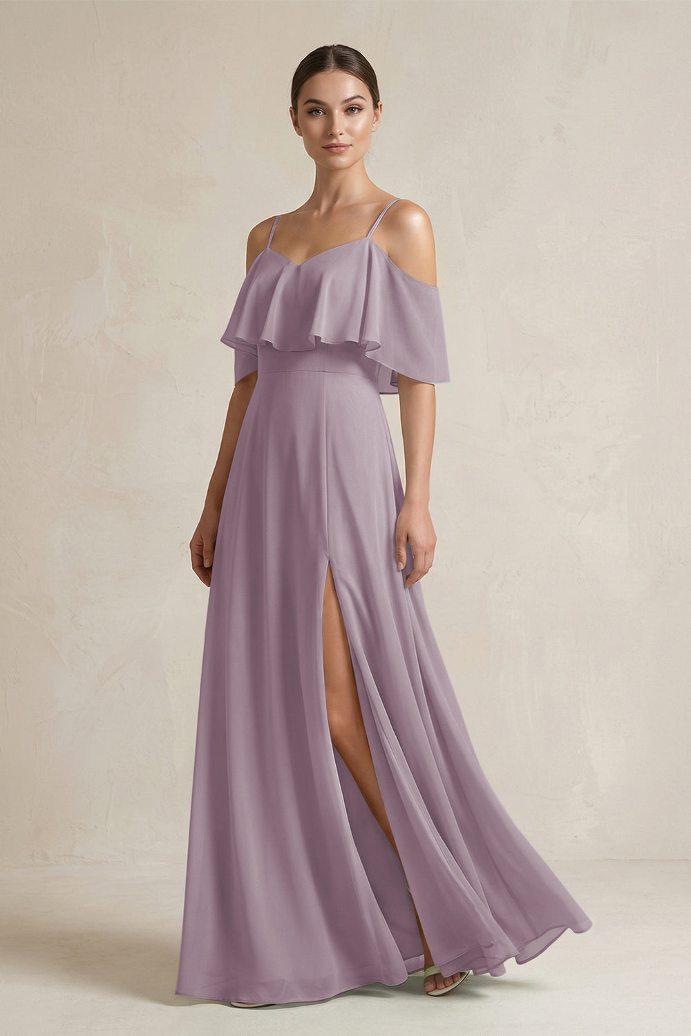 Ruffled Off-the-Shoulder A-Line Chiffon Bridesmaid Gown in Dusk