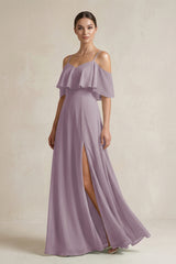 Dusk Ruffled Off-the-Shoulder A-Line Chiffon Bridesmaid Gown | KISSBRIDAL