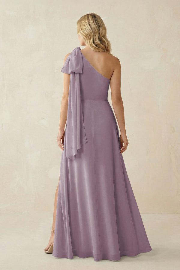 Dusk Ruffled One Shoulder Chiffon Bridesmaid Dress With Slit in Dusk (2) | KISSBRIDAL