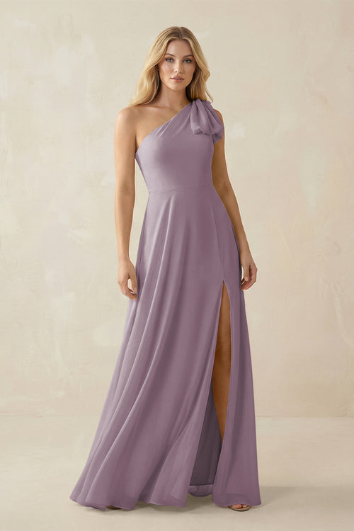 Dusk Ruffled One Shoulder Chiffon Bridesmaid Dress With Slit in Dusk | KISSBRIDAL
