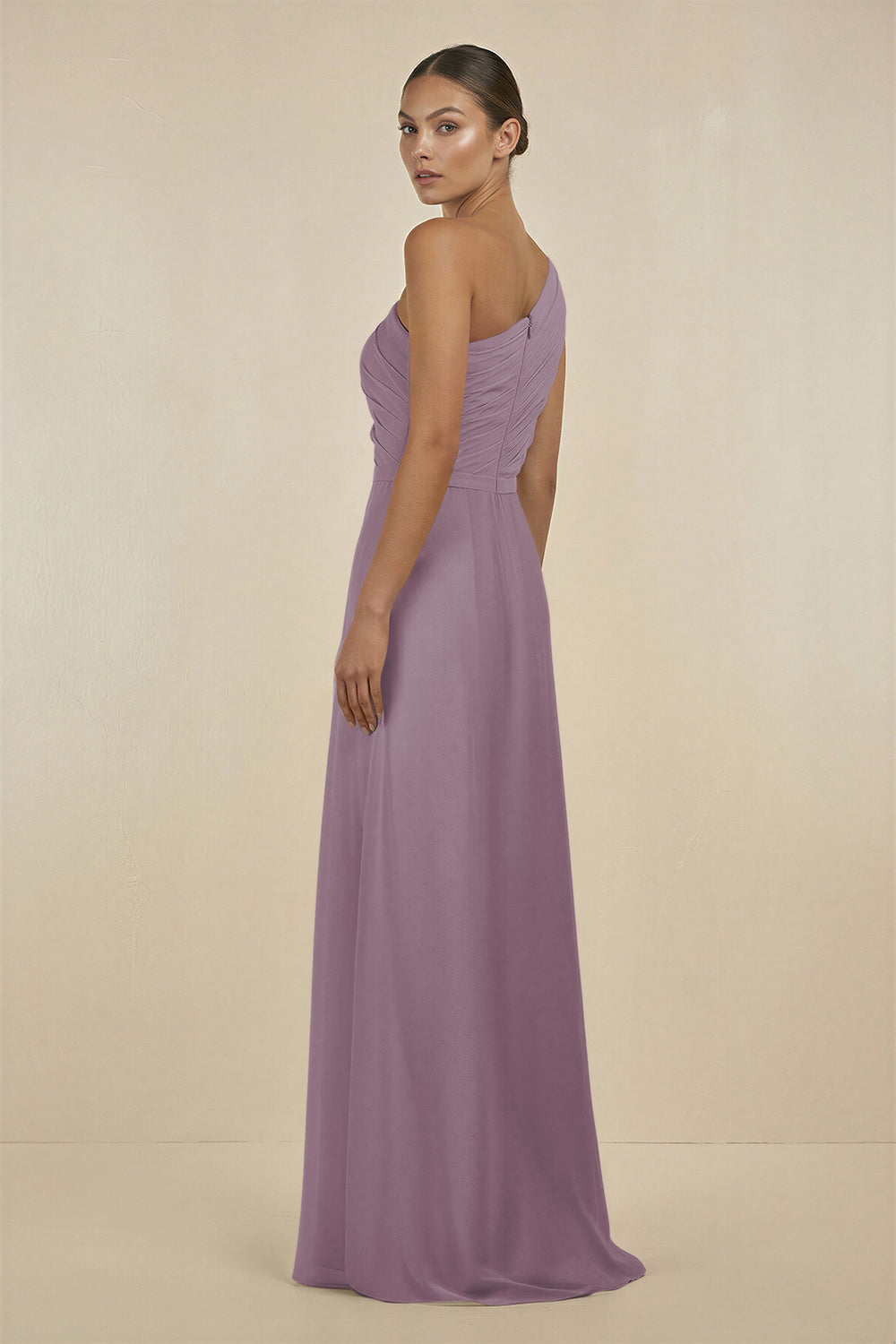 Ruffled One-Shoulder Pleated Sheath Bridesmaid Dress in Dusk