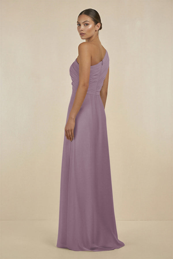 Dusk Ruffled One-Shoulder Pleated Sheath Bridesmaid Dress (2) | KISSBRIDAL