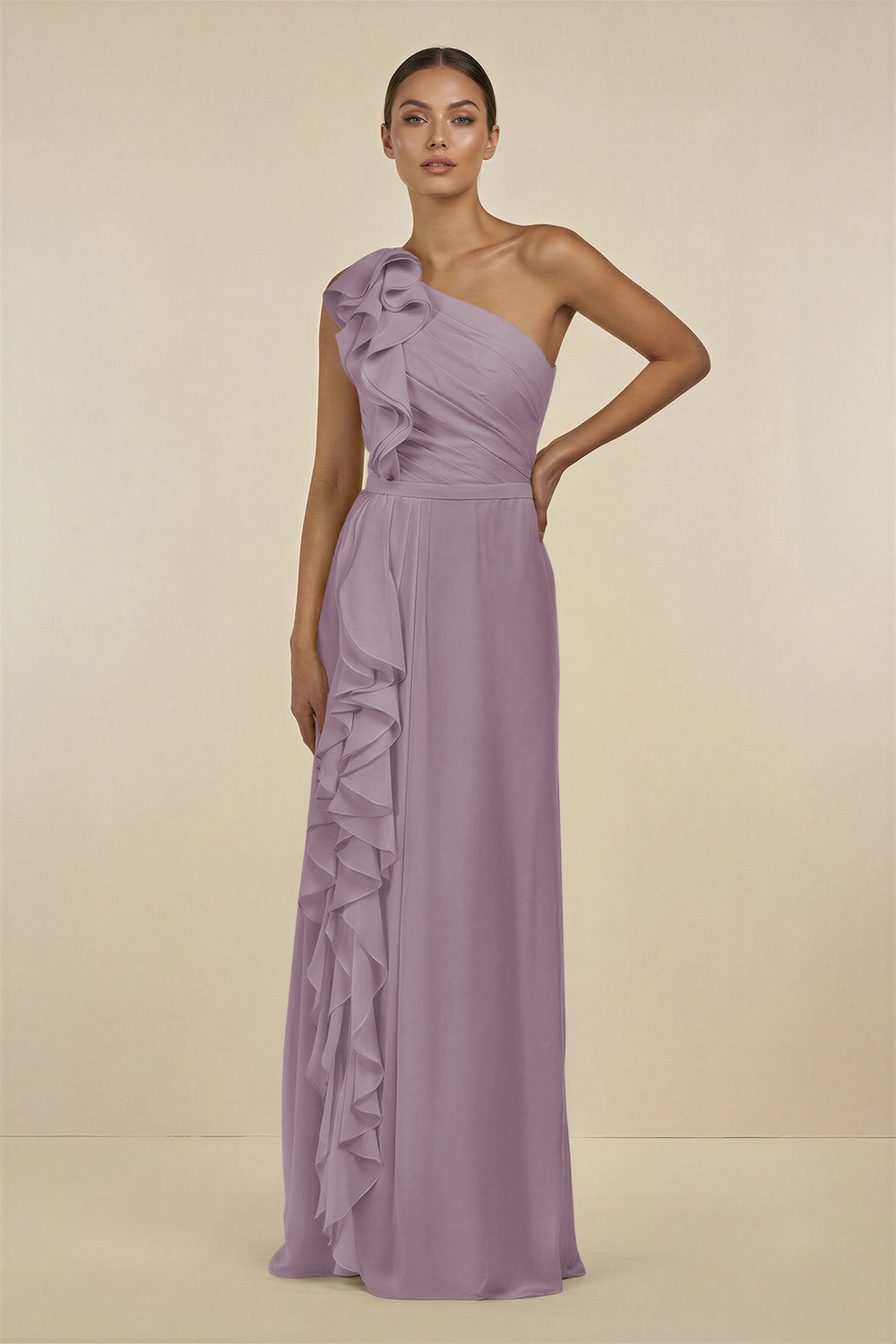 Ruffled One-Shoulder Pleated Sheath Bridesmaid Dress in Dusk