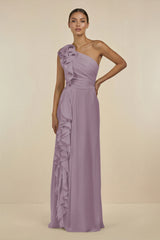 Dusk Ruffled One-Shoulder Pleated Sheath Bridesmaid Dress | KISSBRIDAL