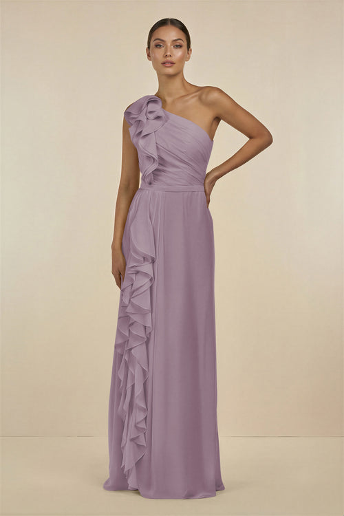 Dusk Ruffled One-Shoulder Pleated Sheath Bridesmaid Dress | KISSBRIDAL