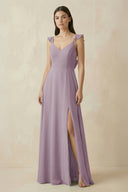 Dusk Ruffled Sleeve A-Line Chiffon Bridesmaid Dress | KISSBRIDAL