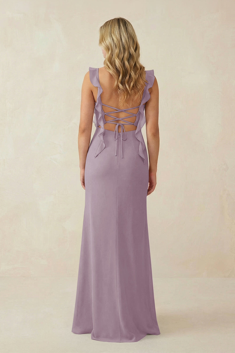 Ruffled Sleeve Ruched Sheath Chiffon Bridesmaid Dress in Dusk
