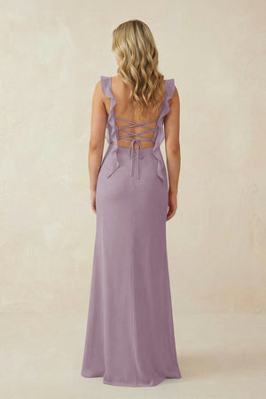 Dusk Ruffled Sleeve Ruched Sheath Chiffon Bridesmaid Dress (2) | KISSBRIDAL