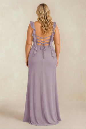 Dusk Ruffled Sleeve Ruched Sheath Chiffon Bridesmaid Dress (2) [sizeplus] | KISSBRIDAL