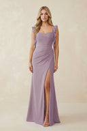 Dusk Ruffled Sleeve Ruched Sheath Chiffon Bridesmaid Dress | KISSBRIDAL