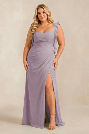 Dusk Ruffled Sleeve Ruched Sheath Chiffon Bridesmaid Dress [sizeplus] | KISSBRIDAL