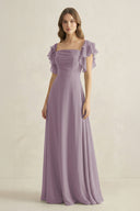 Dusk Ruffled Sleeves A-Line Chiffon Bridesmaid Dress | KISSBRIDAL