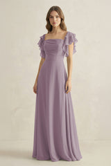 Dusk Ruffled Sleeves A-Line Chiffon Bridesmaid Dress | KISSBRIDAL
