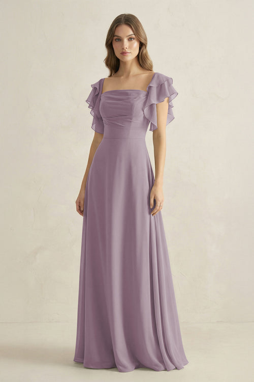 Dusk Ruffled Sleeves A-Line Chiffon Bridesmaid Dress | KISSBRIDAL