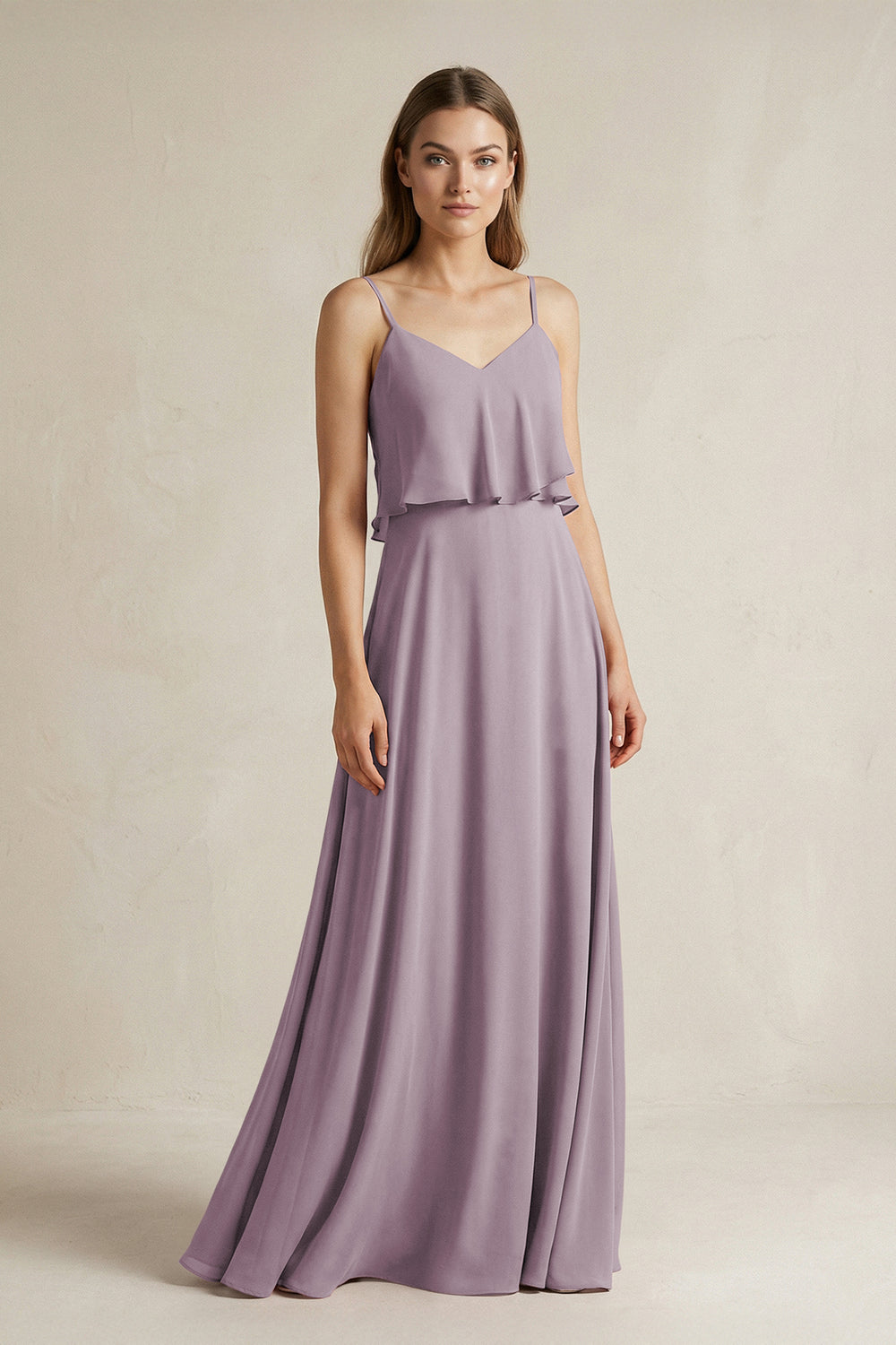 Ruffled Spaghetti Strap A-Line Chiffon Bridesmaid Dress in Dusk