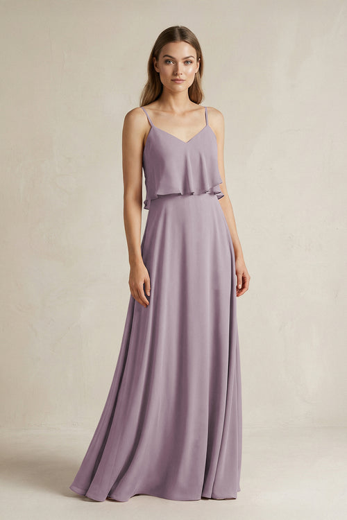 Dusk Ruffled Spaghetti Strap A-Line Chiffon Bridesmaid Dress in Dusk | KISSBRIDAL