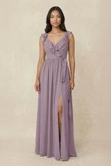 Dusk Ruffled V-Neck A-Line Chiffon Bridesmaid Dress | KISSBRIDAL